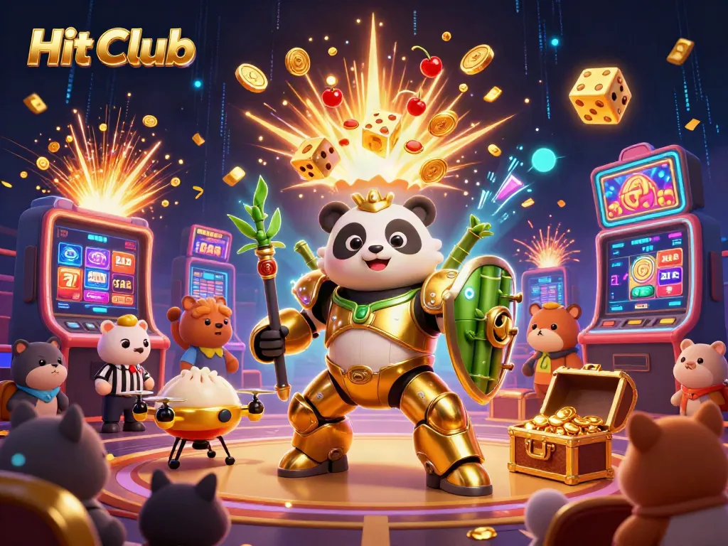 Experience excitement at Hit Club with colorful slot machines and dynamic characters in a vibrant casino scene.