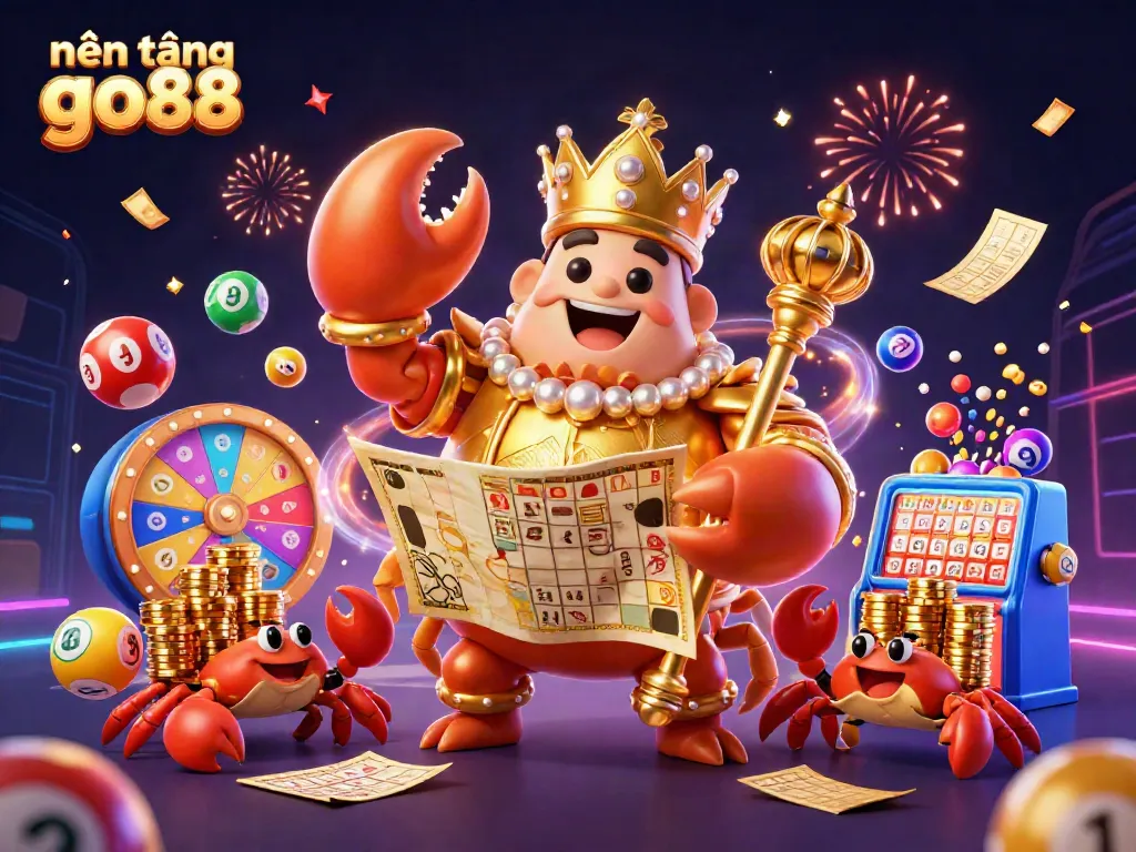 Engage with the vibrant world of nền tảng go88 as the king crab oversees a colorful casino celebration.