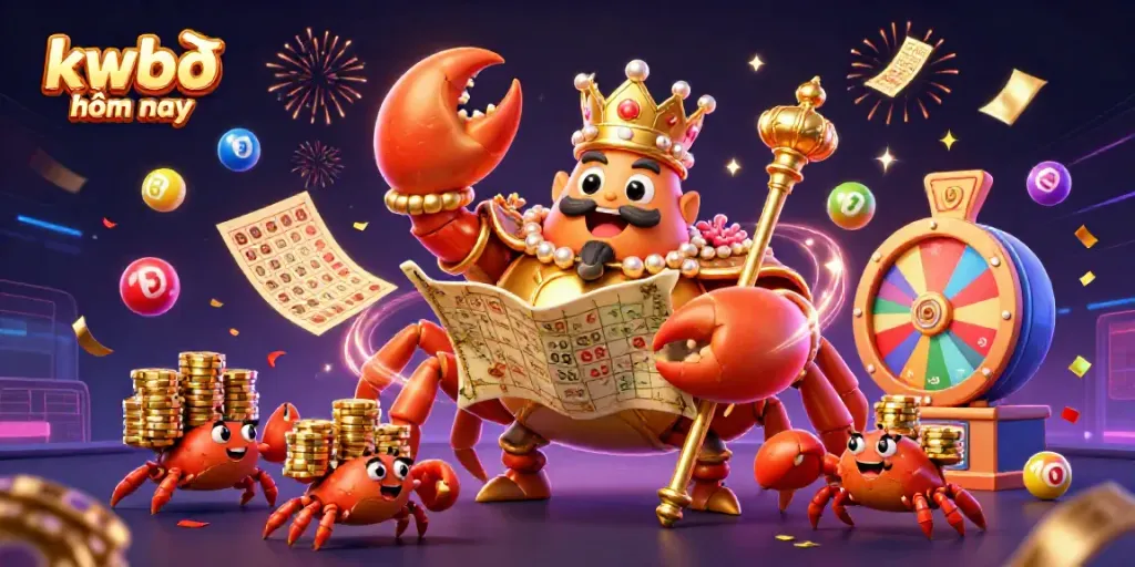 Experience the excitement of kqbđ trực tuyến hôm nay with our colorful 3D illustration featuring a crab emperor and a treasure hunt.