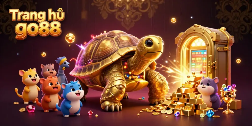 Experience the excitement of Trang chủ go88 with a golden tortoise pinball machine and vibrant casino treasures.