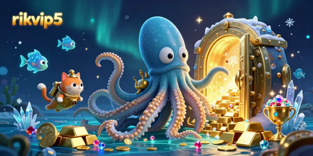 Experience the thrill of gaming with rikvip5's dynamic treasure scene featuring a kraken, diving cat, and glowing gems.