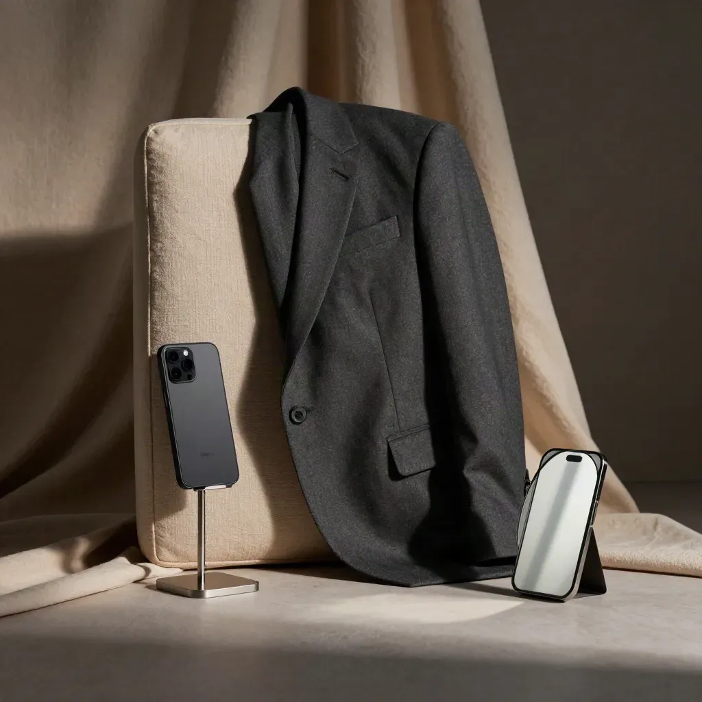 Blazer, spiegel en telefoon op standaard in een rustige zelfpresentatie-opstelling.