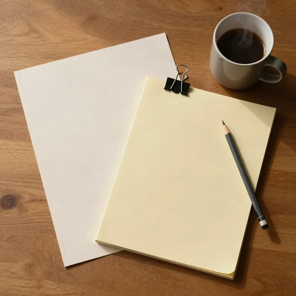 Overhead van een sollicitatiebriefset met notitieblok, potlood, paperclip en mok op een houten bureau.