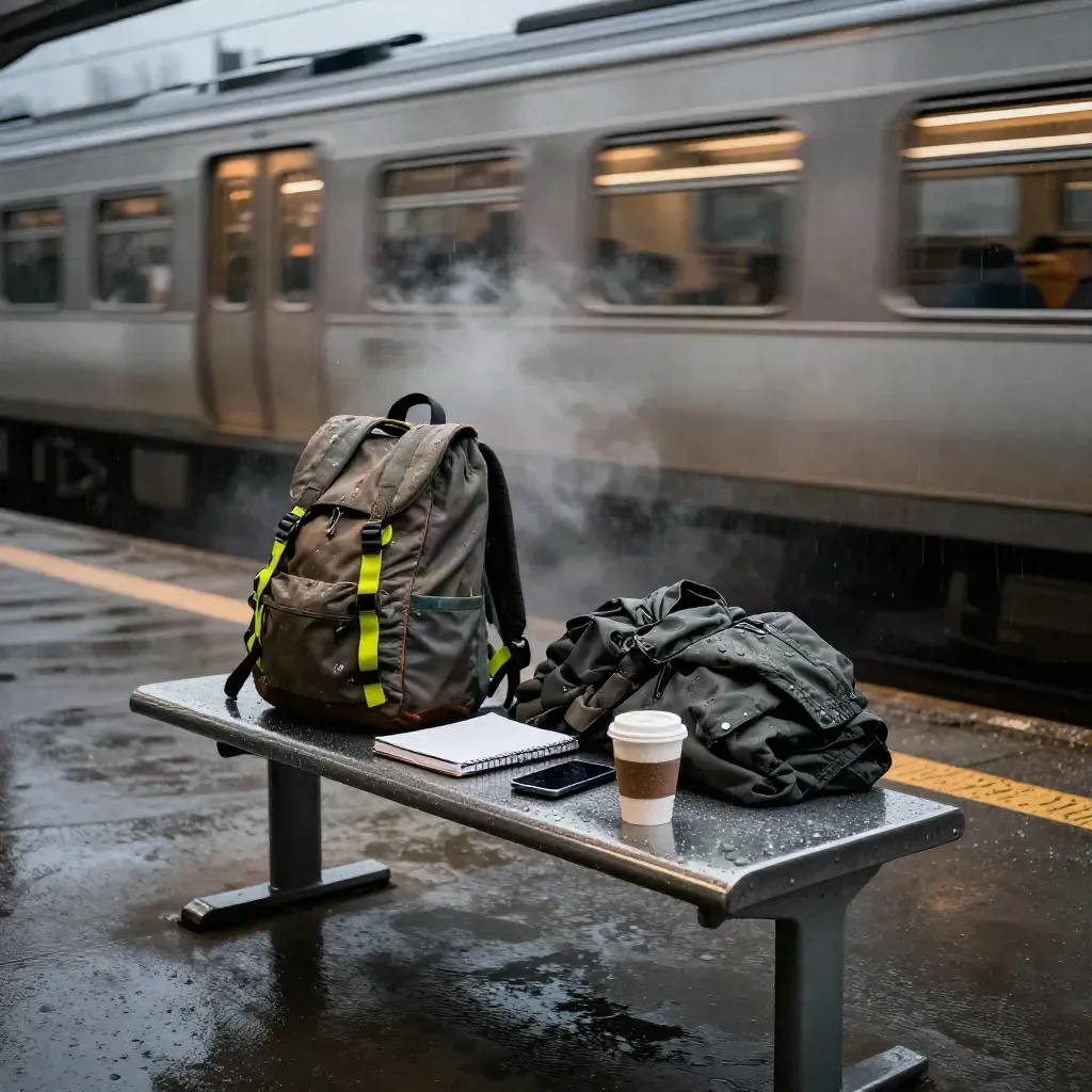 Studentenkits op een nat perron met regenjas, koffie en treinmist in schemerlicht