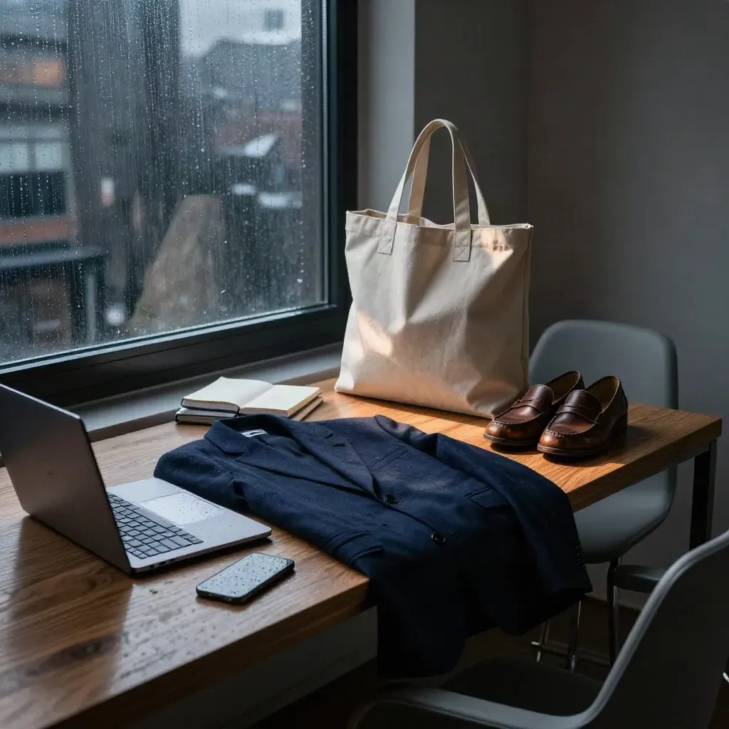 Donkere studentenkamer met laptop, blazer, tote en loafers in regenachtig ochtendlicht.