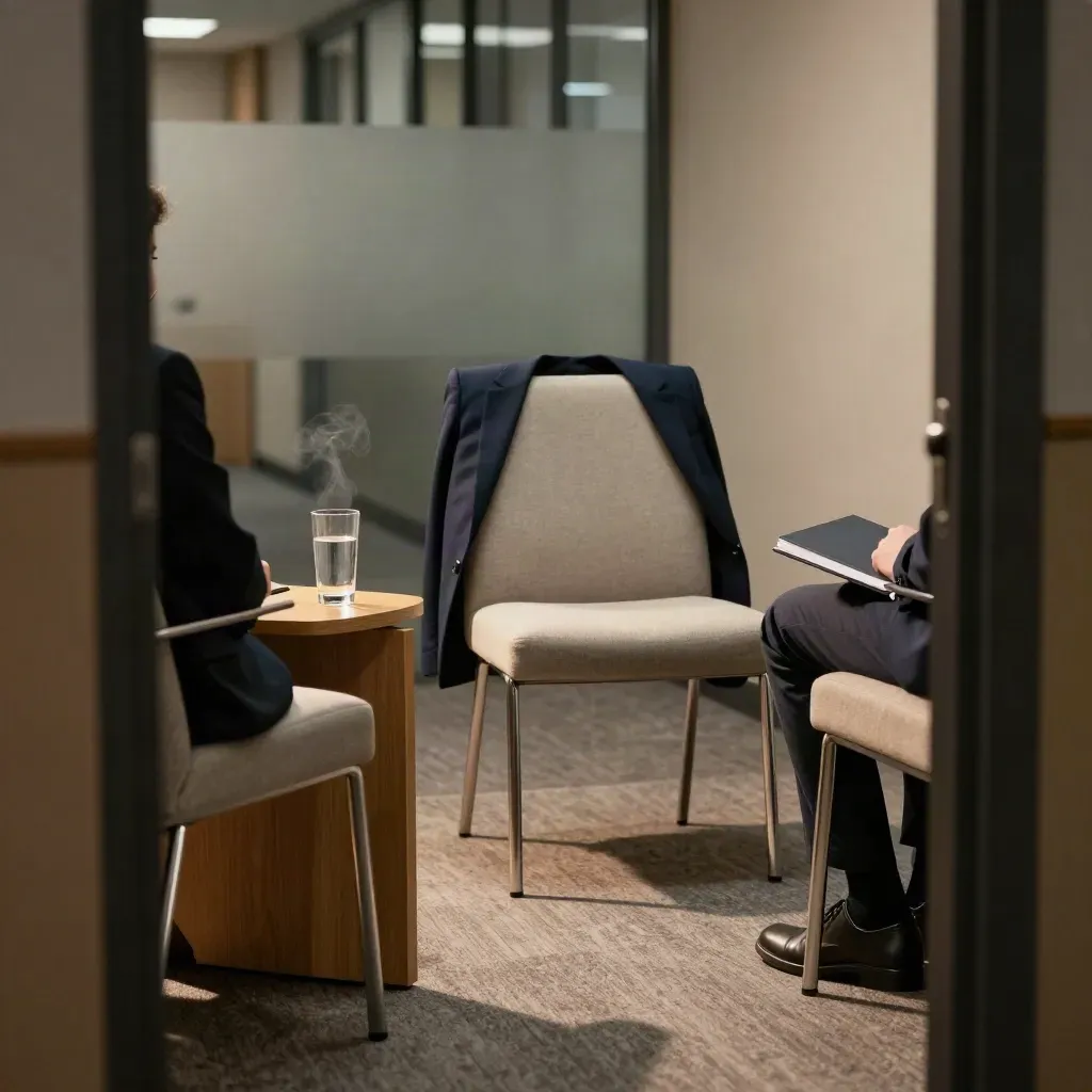Stille interviewhoek met twee stoelen, blazer en glas water in een studenten carrièrekantoor.