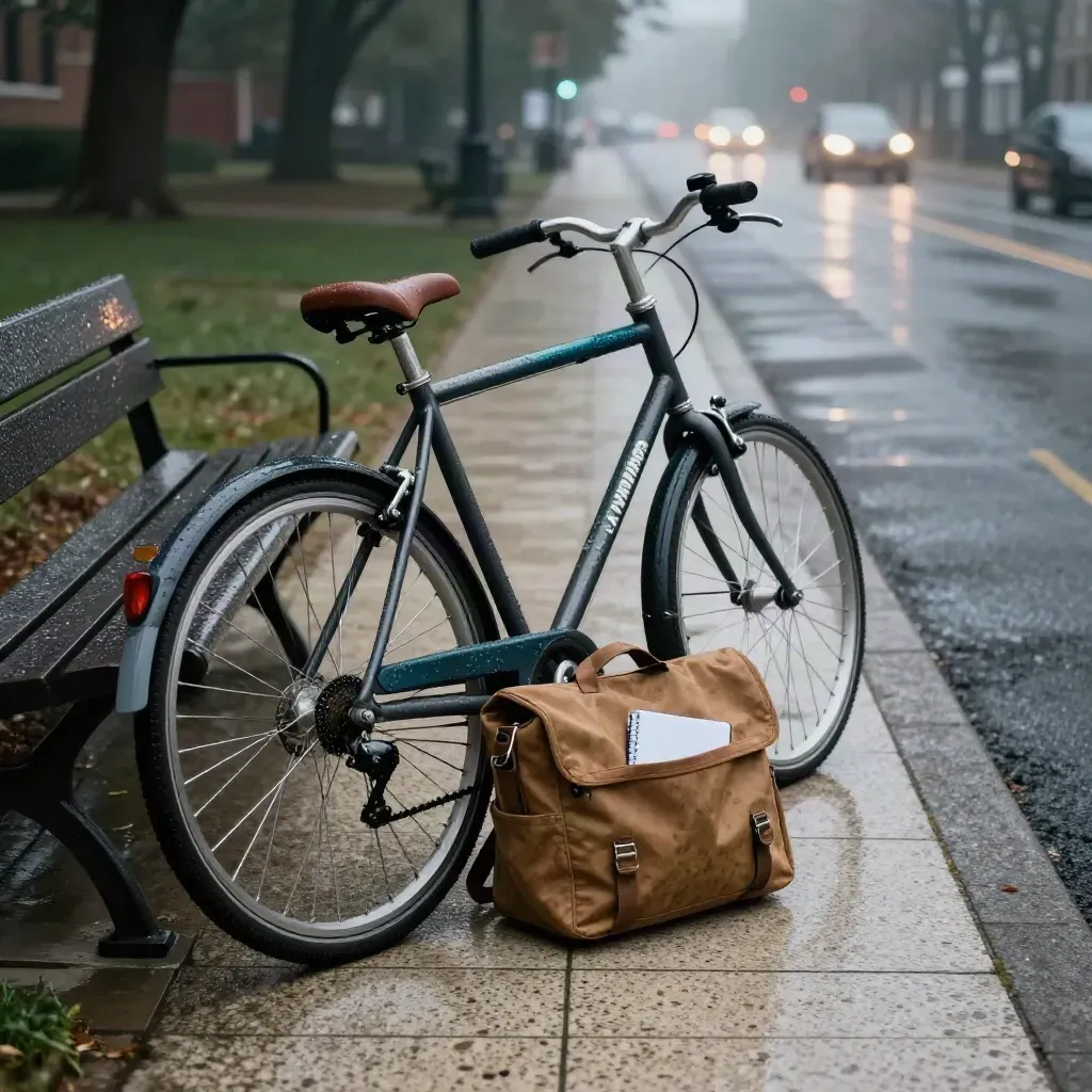 Fietstas naast een regenbankje en stadsfiets bij een campuspad in de schemering