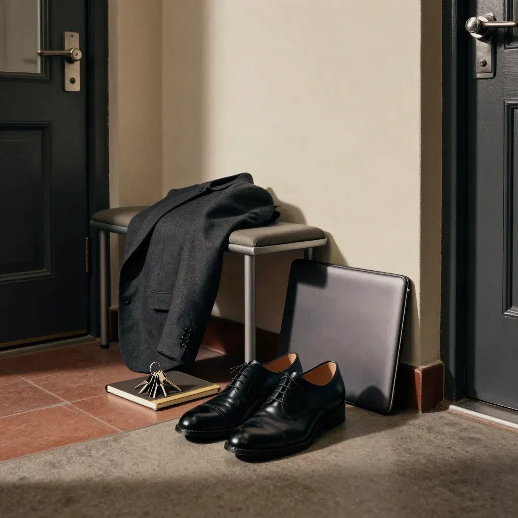 Starter kit voor de eerste baan naast de voordeur: schoenen, blazer, laptophoes en sleutels.
