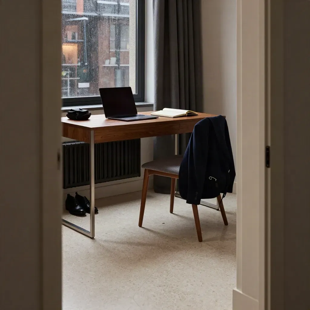 Donkere studiehoek met laptop, blazer, rugzak en schoenen bij een regenraam.