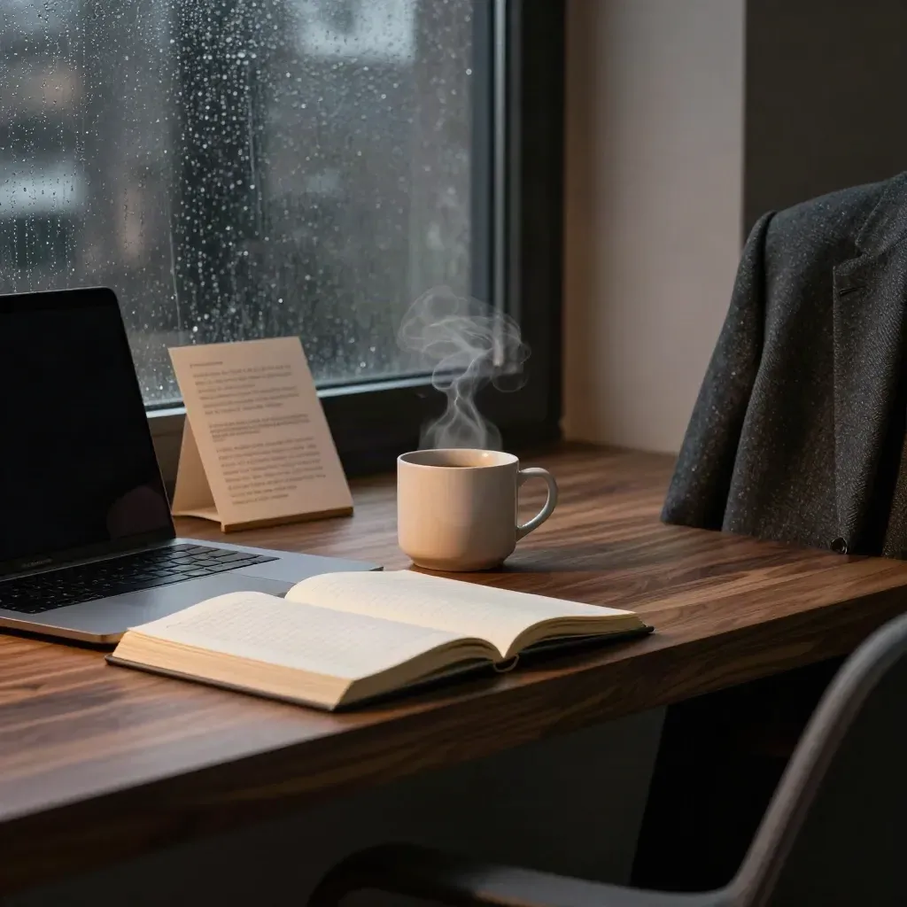 Laptopgloed op bureau met notitieboek, koffiemok en blazer over de stoel bij een mistig raam.