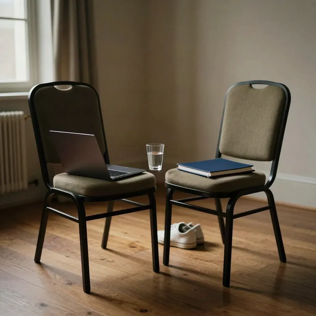 Twee lege stoelen, laptop, open notitieboek, glas water en sneakers in een interviewhoek.