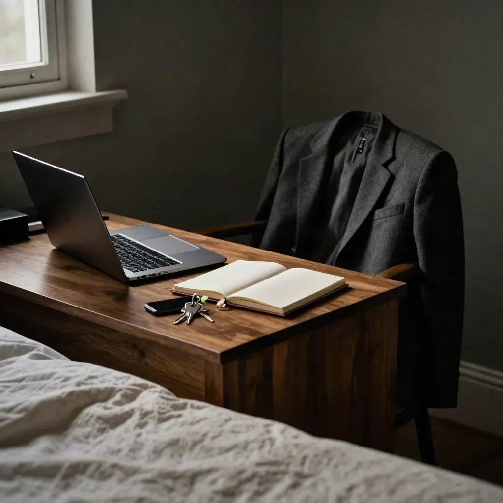 Bureau in een stille slaapkamer met laptop, telefoon, blazer, notebook en sleutels bij elkaar.