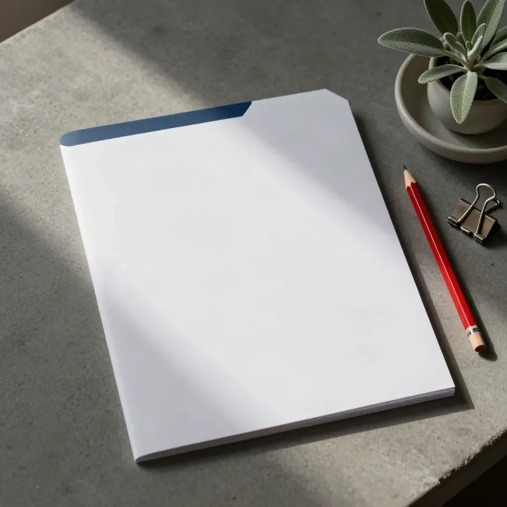 Wit cv-mapje met rode markeerstift, paperclip en klein plantje op beton, van boven gefotografeerd.