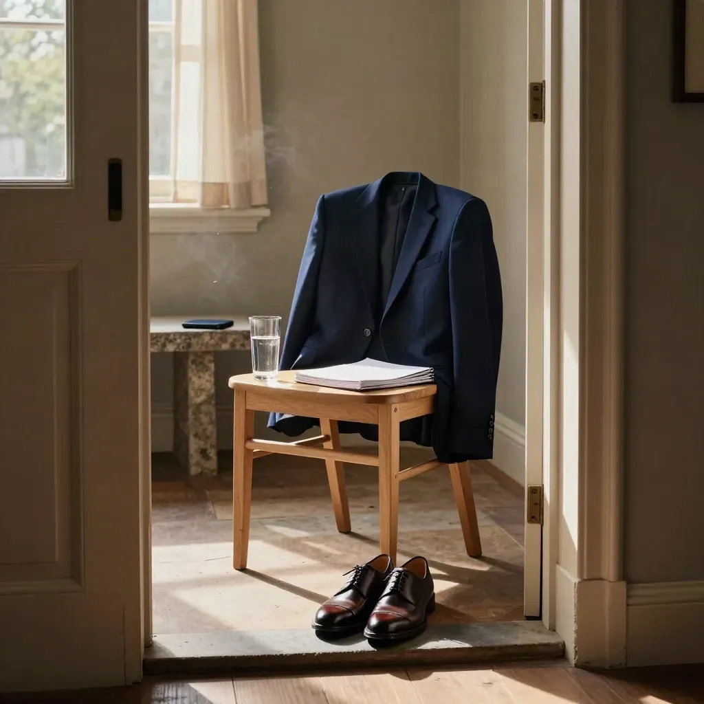 Blazer, schoenen, waterglas, notitieboek en telefoon klaar bij de deur in zacht ochtendlicht.