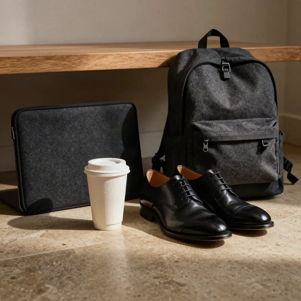 Formele schoenen, rugzak, laptophoes en koffiebeker op een kalkstenen vloer in een studiewerkruimte.