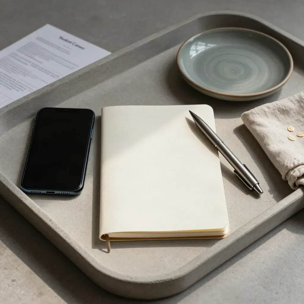 Smartphone, notitieboek, pen en keramisch schaaltje op stenen tray met zachte doek.