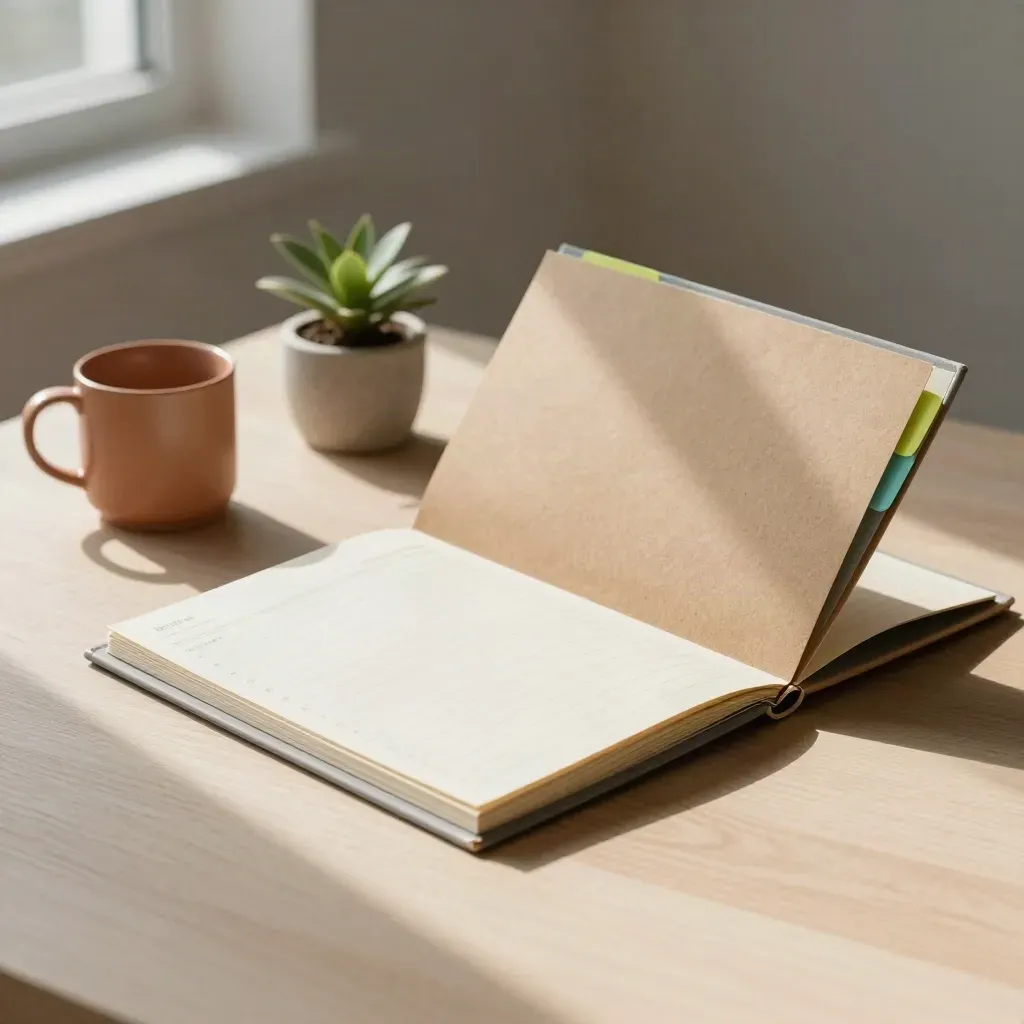 Stageadvies-folder met plant en mok op licht hout in zacht daglicht.