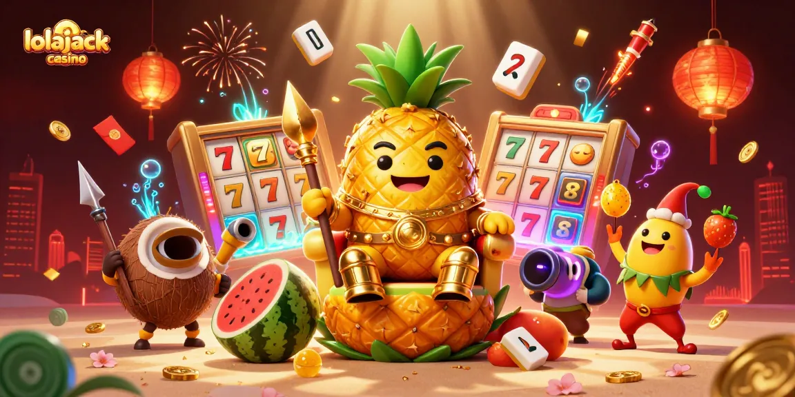 Play at lolajack casino with vibrant 3D illustration featuring a golden pineapple king, slot reels, and lucky symbols.