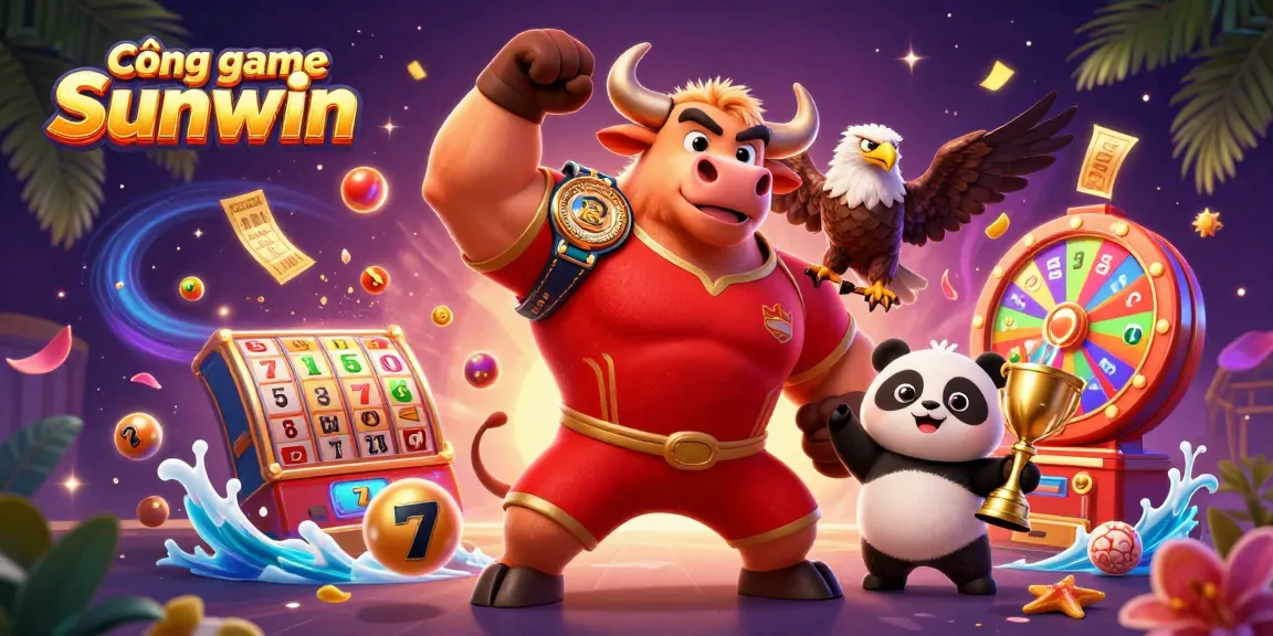 Cổng game Sunwin reveals an exciting atmosphere with cartoon characters celebrating alongside jackpot elements