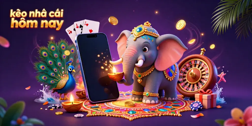 The vibrant illustration of kèo nhà cái hôm nay features a Diwali-themed elephant and a peacock amidst casino elements, including slot game graphics and golden coins.