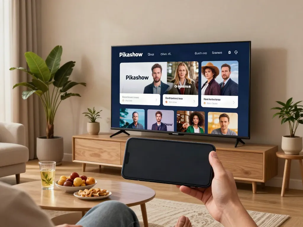 Pikashow old versions streaming on smart TV in a cozy living room.