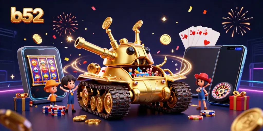 Experience thrilling gameplay with b52's animated casino scene featuring a golden beetle tank and exciting slot games.