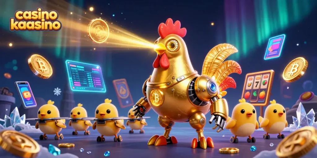 Engage with casino kaasino and its 3D golden rooster robot amidst vibrant slots-themed graphics.
