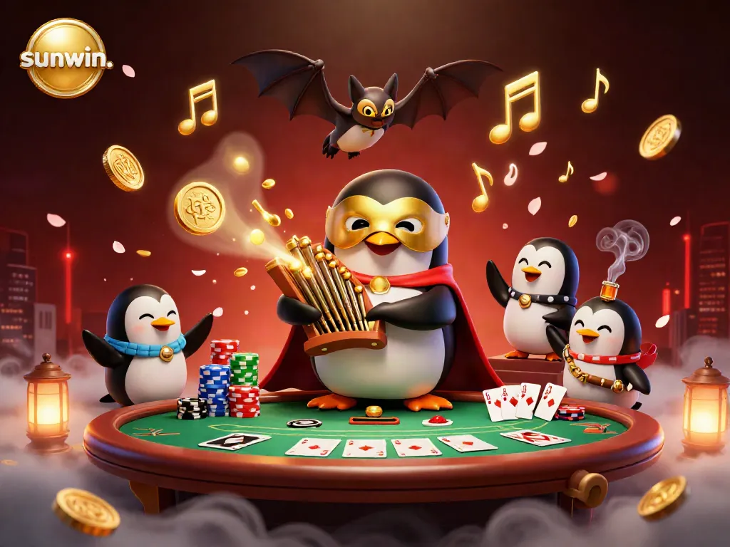 Sunwin. A dynamic gaming illustration with a penguin, poker, and gold coins in a vibrant casino setting.